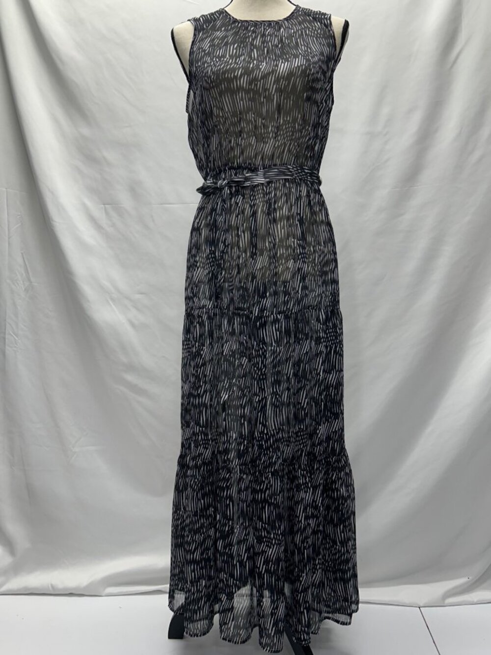 Sheer Black/Gray Tiered Maxi Dress By Simply Vera Small Belt Keyhole - Picture 2 of 16